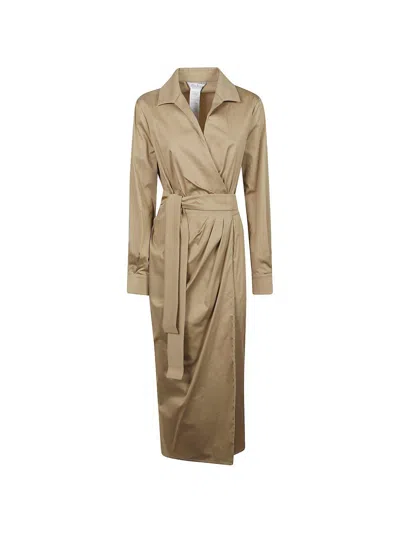 Max Mara Beige Midi Shirt Dress With Waist Belt  In Gray