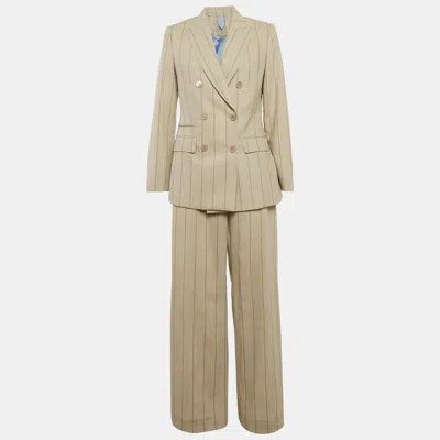 Pre-owned Max Mara Beige Pin Stripe Wool Double Breasted Tailored Suit M/waist 32" In Sand