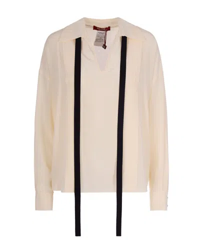 Max Mara Beige Relaxed Tie Neck Pleated Shirt In Neutral