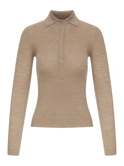 Max Mara Beige Ribbed Knit Polo Shirt In Neutral