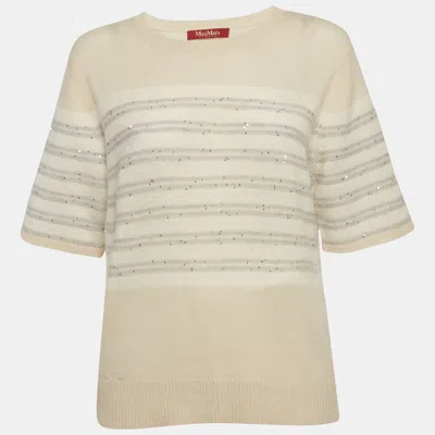 Pre-owned Max Mara Beige Sequin Striped Wool Knit Top Xl In Sand