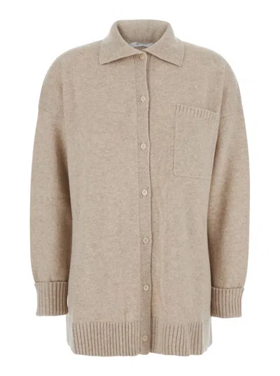 Max Mara Beige Solid Shirt Collar Sweater In Neutral