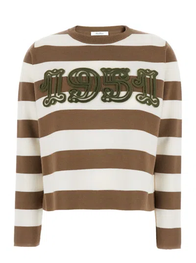 Max Mara Beige Stripes Crew Neck Sweater In Brown