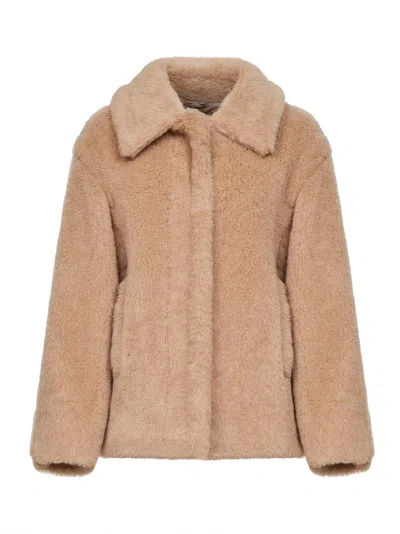 Max Mara Beige Teddy Mxmtritone Cropped Coat In Brown