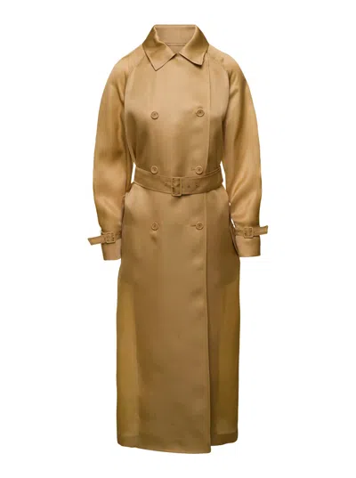 Max Mara Beige Trench Coat Double-breasted In Silk Woman In Brown