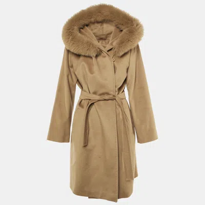 Pre-owned Max Mara Beige Wool Detachable Fur Hood Coat L In Sand
