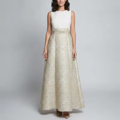 Pre-owned Max Mara Beige/gold Crepe And Jacquard Pleated Maxi Dress M