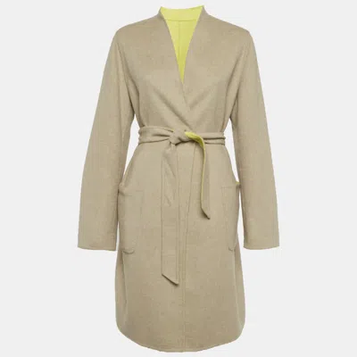 Pre-owned Max Mara Beige/neon Green Wool Belted Coat Xl In Sand