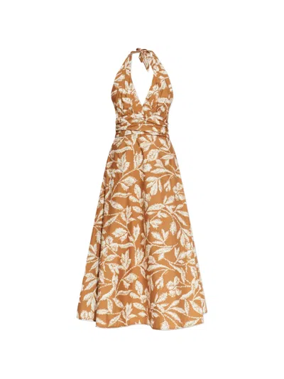 Max Mara Halterneck Printed Cotton Midi Dress In Brown