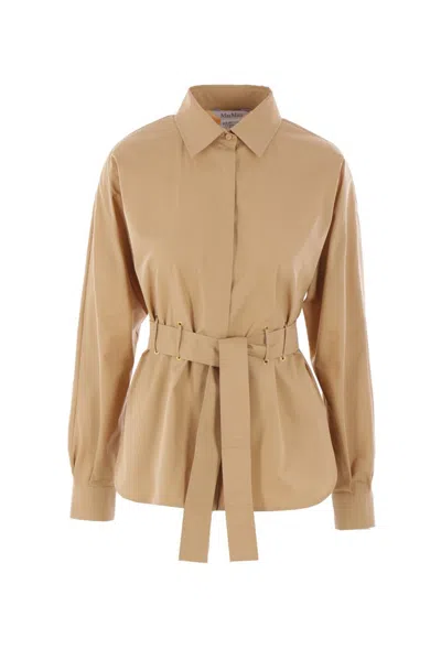 Max Mara Belted Button-up Long-sleeved Shirt In Beige