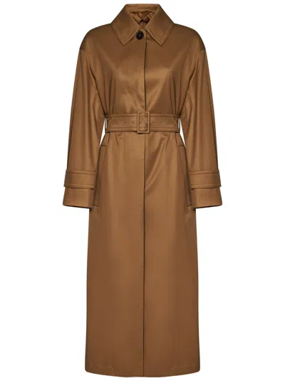 Max Mara Belted Camel Coat With Timeless Silhouette In Brown