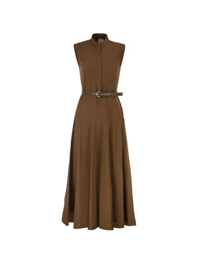 Max Mara Belted Cotton Midi Dress In Brown