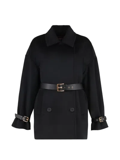 Max Mara Studio Pausa Double-breasted Virgin Wool Jacket With Waist Belt In Black