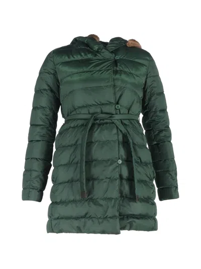 Pre-owned Max Mara Belted Fur-trim Down Jacket In Green