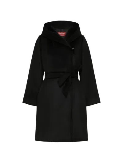 Max Mara Belted Hooded Coat In Black