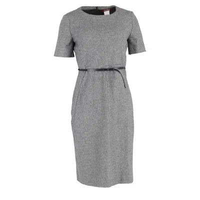 Max Mara Belted Houndstooth Midi Dress In Grey Wool In Gray