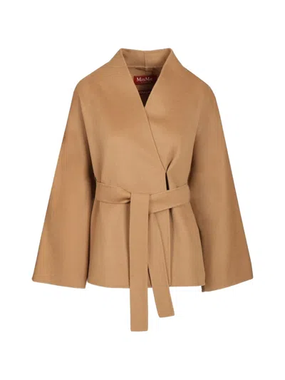 Max Mara Studio Belted Kimono-sleeve Coat In Brown