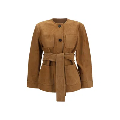 Max Mara Belted Lamb Suede Jacket In Brown