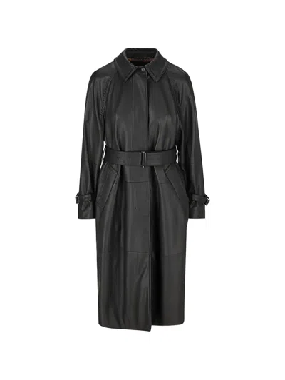 Max Mara Belted Leather Coat In Black