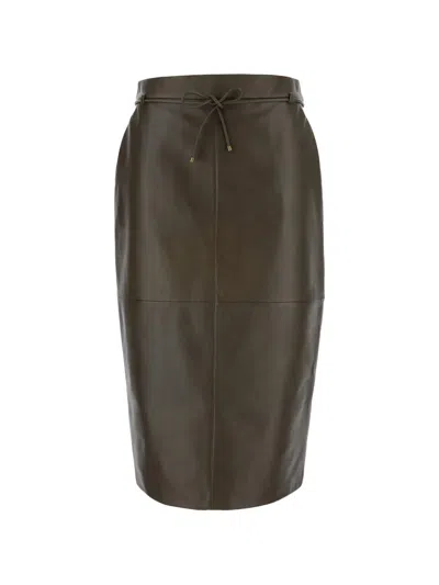 Max Mara Belted Leather Skirt In Green