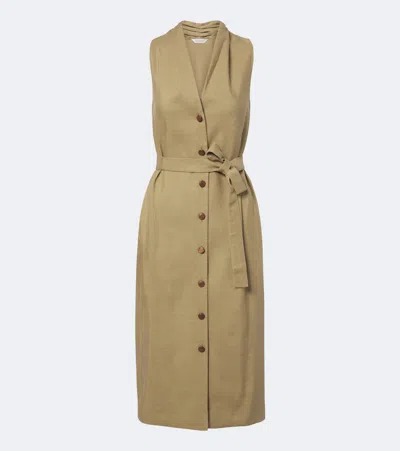 Max Mara Belted Linen And Silk Midi Dress In Beige