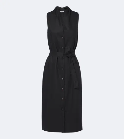 Max Mara Belted Linen And Silk Midi Dress In Black