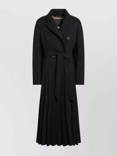Max Mara Black Pleated Redingote Coat In Technical Fabric