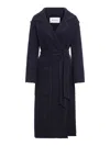 Max Mara Black Belted Long Coat With Notched Collar And Smooth Finish In Blue