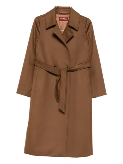 Max Mara Collar Coat With Belted Waist And Pockets In Brown