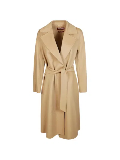 Max Mara Belted Notch-lapels Coat In Neutral