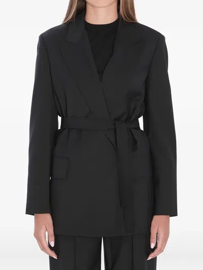 Max Mara Waist Belted Flap Pockets Notched Lapels In Black