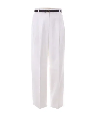 Max Mara Belted Pleated Trousers In White