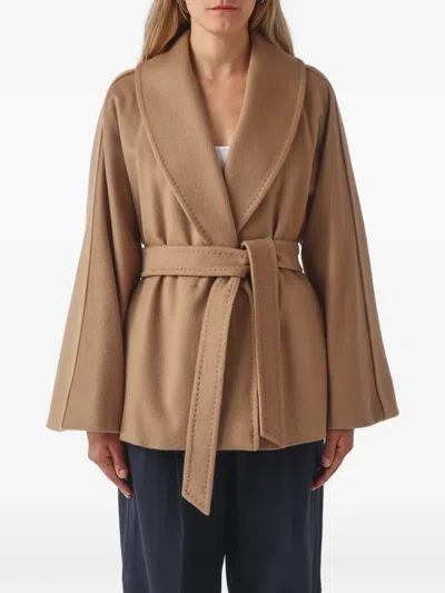 Max Mara Belted Shawl-collar Coat In Brown