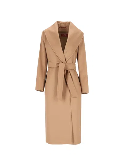 Max Mara Belted Shawl-collar Coat In Neutral