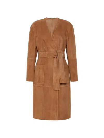 Max Mara Belted Suede Coat In 브라운