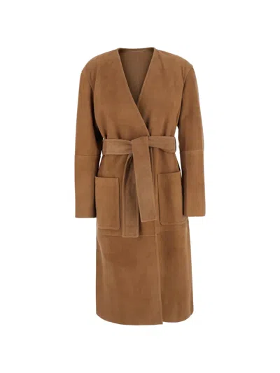 Max Mara Belted Suede Coat In Brown