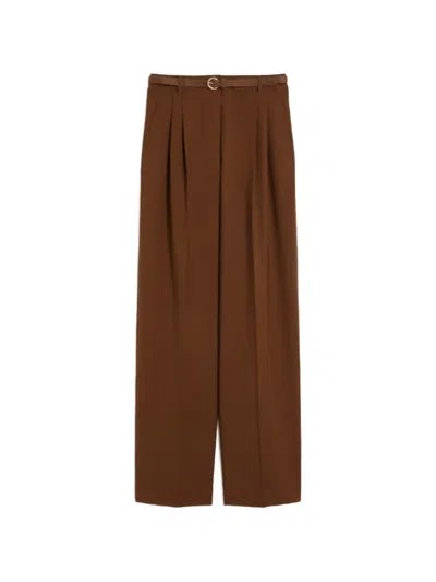 Max Mara Studio Flowing Fit High-waisted Virgin Wool Trousers With Cinched Cuffs In Brown