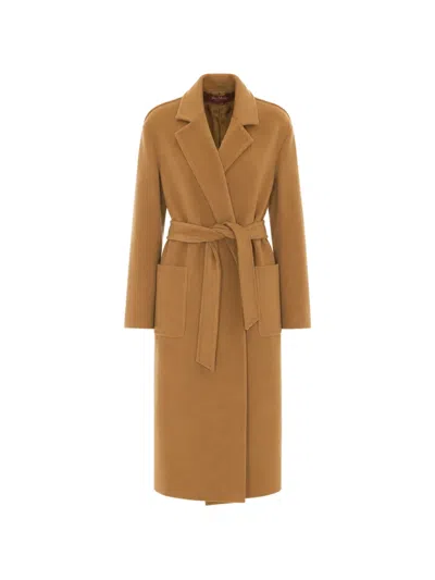 Max Mara Belted Virgin Wool Coat In Brown