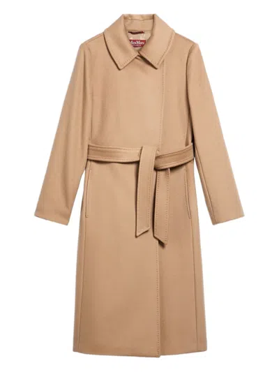Max Mara Draped Wool Coat With Belt And Pockets In Burgundy