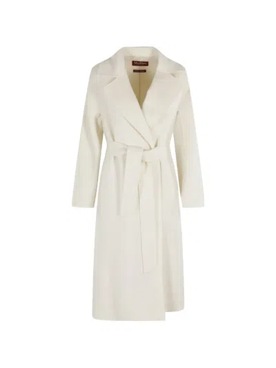 Max Mara Belted-waist Notch-lapel Coat In White