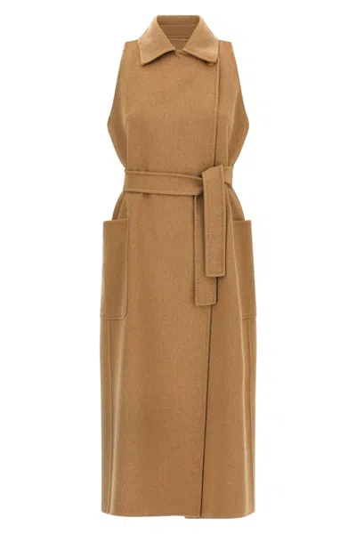 Max Mara Sleeveless Coat With Belted Waist And Pockets In Brown