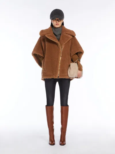 Max Mara Biker Jacket Cape In Teddy Fabric In Camel