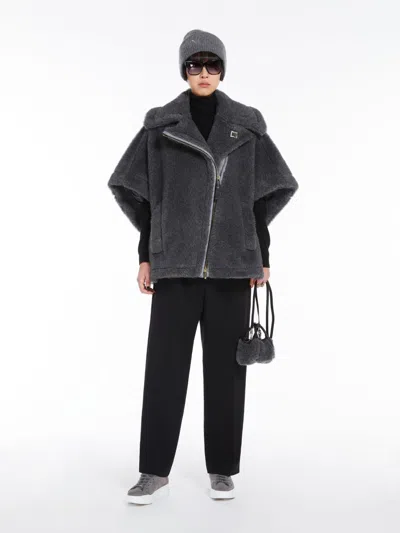 Max Mara Biker Jacket Cape In Wool And Alpaca Teddy Fabric In Grey