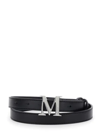 Max Mara Black Belt With Logo Plaque Buckle Closure And Contrasting Stitching In Leather Woman