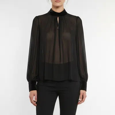 Pre-owned Max Mara Black Chiffon And Velvet Sheer High Neck Blouse M