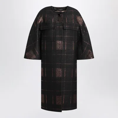 Max Mara Jacquard Lame Cocoon Coat With Checked Pattern In Black