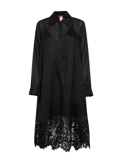 Max Mara Black Embroidered Ramie Gauze Mstmela Midi Shirt Dress
