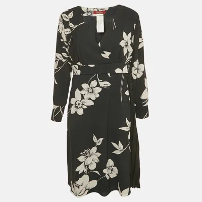 Max Mara Black Floral Print Crepe Pleat Detailed Short Dress