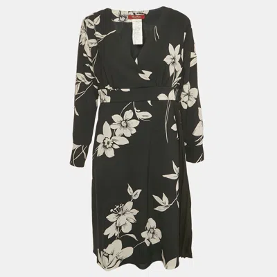 Pre-owned Max Mara Black Floral Print Crepe Pleat Detailed Short Dress L