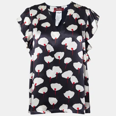 Max Mara Black Floral Print Silk Satin Blouse